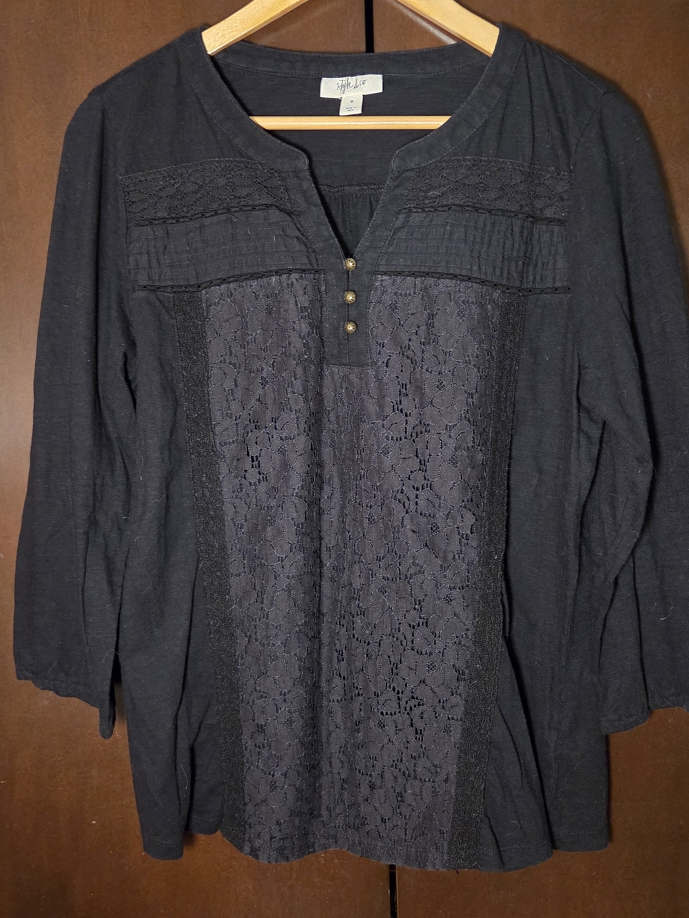 Style & Co. Black Lace-Front Long Sleeve Henley Women Size Medium
